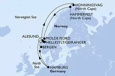 Hamburg,Alesund,Honningsvag,Hammerfest,Molde Fjord,Hellesylt/Geiranger,Bergen,Hamburg