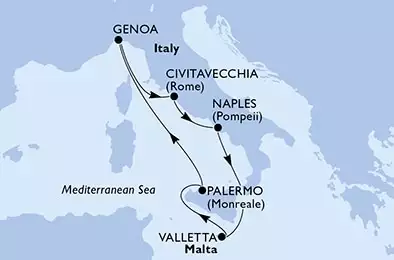 MSC GRANDIOSA - itinerár  7 nocí odchod z Naples, Italy dňa 20/04/2021 - Naples,Valletta,Palermo,Genoa,Civitavecchia,Naples