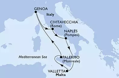 MSC GRANDIOSA - itinerár  7 nocí odchod z Palermo, Italy dňa 23/04/2021 - Palermo,Genoa,Civitavecchia,Naples,Valletta,Palermo