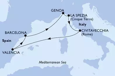 Valencia,Barcelona,Genoa,La Spezia,Civitavecchia,Valencia