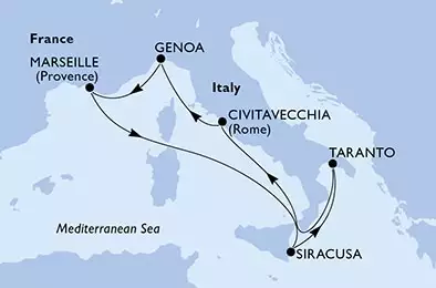 MSC SEASIDE - itinerár  7 nocí odchod z Siracusa, Italy dňa 02/11/2021 - Siracusa,Taranto,Civitavecchia,Genoa,Marseille,Siracusa