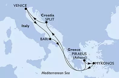 Piraeus,Mykonos,Split,Venice,Bari,Piraeus