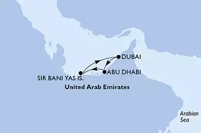 MSC WORLD EUROPA - itinerár  3 nocí odchod z Abu Dhabi,U.Arab Emirates dňa 22/12/2022 - Abu Dhabi,Sir Bani Yas,Dubai,Abu Dhabi