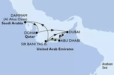 MSC WORLD EUROPA - itinerár  9 nocí odchod z Doha, Qatar dňa 20/12/2022 - Doha,Dubai,Abu Dhabi,Sir Bani Yas,Dubai,Abu Dhabi,Sir Bani Yas,Dammam,Doha