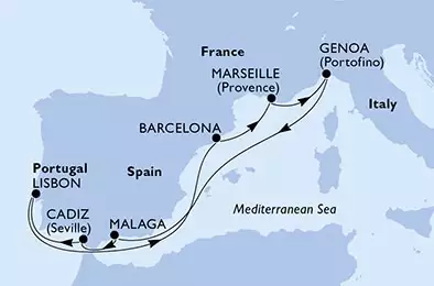 Barcelona,Marseille,Genoa,Malaga,Cadiz,Lisbon,Barcelona