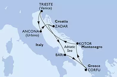 Trieste,Ancona,Zadar,Bari,Corfu,Kotor,Trieste