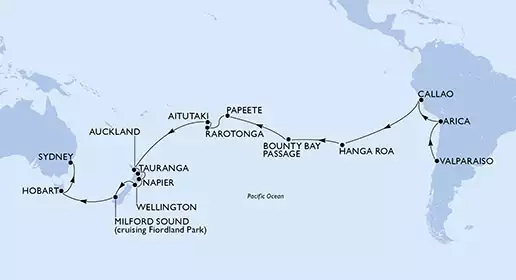 Valparaiso,Arica,Callao,Hanga Roa ,Bounty Bay Passage ,Papeete,Rarotonga,Aitutaki,Auckland,Tauranga,Napier,Wellington,Cruising Milford Sound,Hobart,Sydney