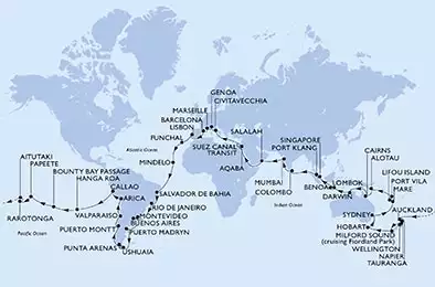 MSC MAGNIFICA - itinerár  116 nocí odchod z Genoa, Italy dňa 05/01/2023 - Genoa,Marseille,Barcelona,Lisbon,Funchal,Mindelo,Salvador,Rio de Janeiro,Rio de Janeiro,Buenos Aires,Buenos Aires,Montevideo,Puerto Madryn,Ushuaia,Ushuaia,Punta Arenas,Puerto Montt,Valparaiso,Valparaiso,Arica,Callao,Callao,Hanga Roa,Bounty Bay Passage,Papeete,Papeete,Rarotonga,Aitutaki,Auckland,Tauranga,Napier,Wellington,Cruising Milford Sound,Hobart,Sydney,Sydney,Mare,Lifou island,Port Vila,Alotau,Cairns,Darwin,Lombok,Benoa,Benoa,Singapore,Port Klang,Colombo,Mumbai,Mumbai,Salalah,Aqaba,Suez Canal South,Suez Canal North,Civitavecchia,Genoa