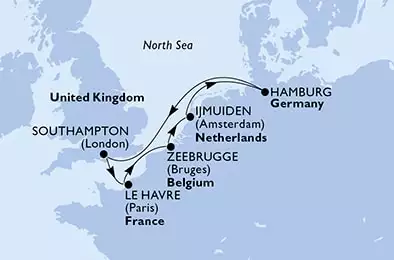 Southampton,Le Havre,Zeebrugge,IJmuiden,Hamburg,Southampton