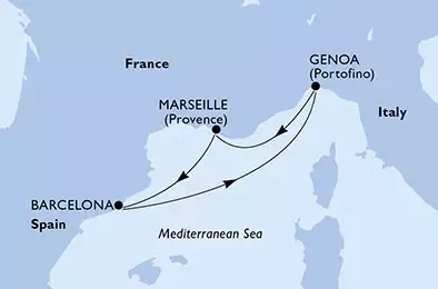 MSC VIRTUOSA - itinerár  4 nocí odchod z Genoa, Italy dňa 15/04/2022 - Italy,France,Spain