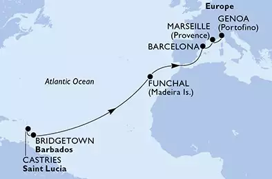 Castries,Bridgetown,Funchal,Barcelona,Marseille,Genoa