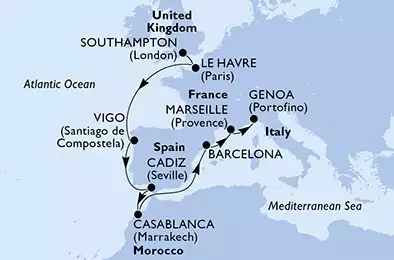 Southampton,Le Havre,Vigo,Cadiz,Casablanca,Barcelona,Marseille,Genoa