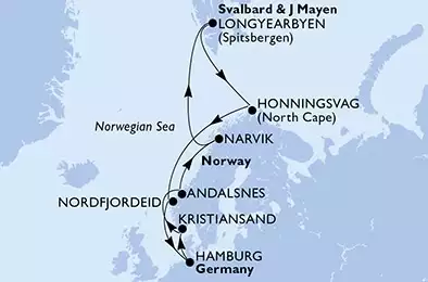 Hamburg,Kristiansand,Andalsnes,Narvik,Longyearbyen,Honningsvag,Nordfjordeid,Hamburg