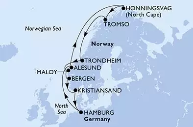 Hamburg,Alesund,Honningsvag,Tromso,Trondheim,Maloy,Bergen,Kristiansand,Hamburg