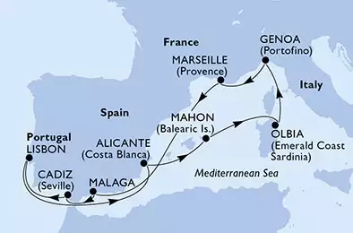 Malaga,Cadiz,Lisbon,Alicante,Mahon,Olbia,Genoa,Marseille,Malaga