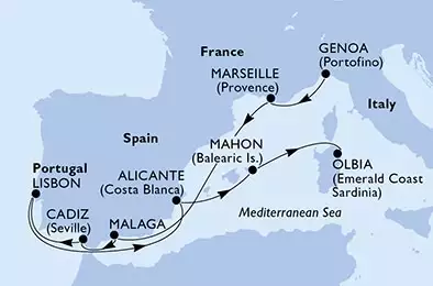 Genoa,Marseille,Malaga,Cadiz,Lisbon,Alicante,Mahon,Olbia