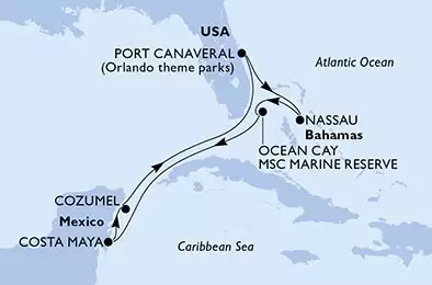 MSC MERAVIGLIA - itinerár  7 nocí odchod z Port Canaveral, United States dňa 19/02/2023 - Port Canaveral,Nassau,Ocean Cay,Costa Maya,Cozumel,Port Canaveral