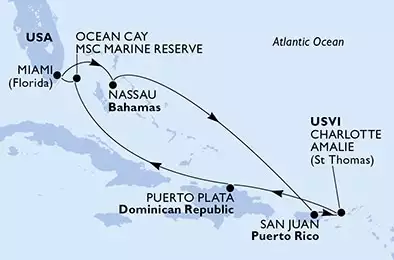 Miami,Nassau,San Juan,Charlotte Amalie,Puerto Plata,Ocean Cay,Miami