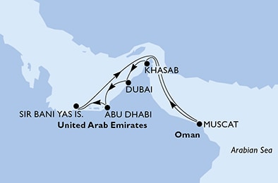 Dubai,Abu Dhabi,Sir Bani Yas,Muscat,Khasab,Dubai