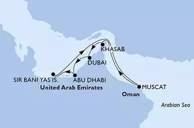 Dubai,Abu Dhabi,Sir Bani Yas,Muscat,Khasab,Dubai