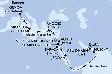 Genoa,Siracusa,Valletta,Rhodes,Suez Canal North,Suez Canal South,Safaga,Sharm El-Sheikh,Aqaba,Jeddah,Muscat,Abu Dhabi,Dubai