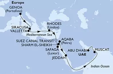 Genoa,Siracusa,Valletta,Rhodes,Suez Canal North,Suez Canal South,Safaga,Sharm El-Sheikh,Aqaba,Jeddah,Muscat,Abu Dhabi