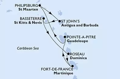 MSC SEASIDE - itinerár  7 nocí odchod z Fort de France, Martinique dňa 17/12/2022 - Martinique,Guadeloupe,Netherlands Antilles,Antigua and Barbuda,Saint Kitts and Nevis,Dominica
