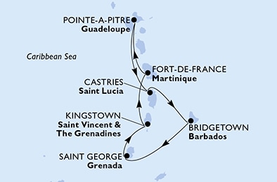 Fort de France,Pointe-a-Pitre,Castries,Bridgetown,Saint George,Kingstown ,Fort de France