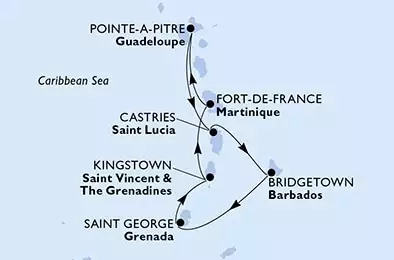MSC SEASIDE - itinerár  7 nocí odchod z Fort de France, Martinique dňa 18/02/2023 - Fort de France,Pointe-a-Pitre,Castries,Bridgetown,Saint George,Kingstown ,Fort de France