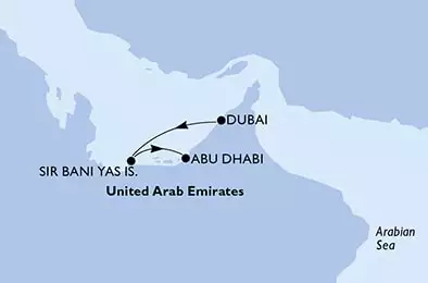 MSC BELLISSIMA - itinerár  3 nocí odchod z Dubai,U.Arab Emirates dňa 21/05/2022 - Dubai,Dubai,Sir Bani Yas,Abu Dhabi