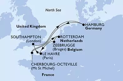 Hamburg,Cherbourg,Rotterdam,Zeebrugge,Le Havre,Southampton,Hamburg