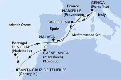Santa Cruz de Tenerife,Funchal,Malaga,Marseille,Genoa,Barcelona,Casablanca,Santa Cruz de Tenerife