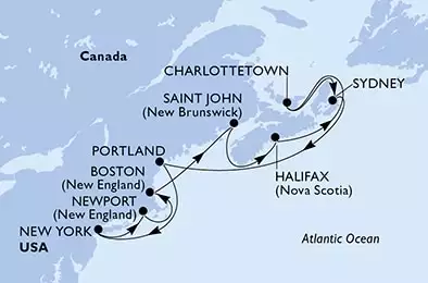 MSC MERAVIGLIA - itinerár  11 nocí odchod z New York, United States dňa 04/10/2023 - New York,Newport,Boston,Saint John,Halifax,Charlottetown,Sydney,Portland,New York