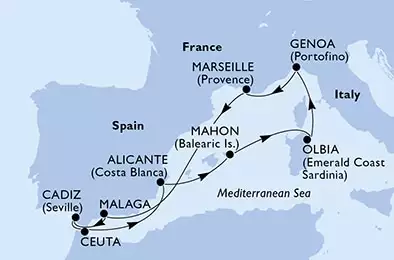 Marseille,Malaga,Cadiz,Ceuta,Alicante,Mahon,Olbia,Genoa,Marseille