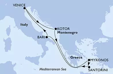 Bari,Venice,Kotor,Mykonos,Mykonos,Santorini,Bari