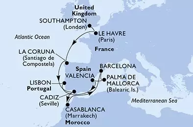 Southampton,Le Havre,La Coruna,Cadiz,Casablanca,Barcelona,Palma de Mallorca,Valencia,Lisbon