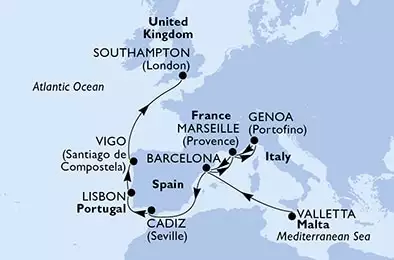Valletta,Barcelona,Marseille,Genoa,Marseille,Barcelona,Cadiz,Lisbon,Vigo,Southampton