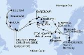 Copenhagen,Warnemunde,Kirkwall,Stornoway,Reykjavik,Prince Christian Sund,Nuuk,Ilulissat,Ilulissat,Qaqortoq,Isafjordur,Akureyri,Copenhagen
