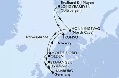 Hamburg,Molde Fjord,Tromso,Longyearbyen,Honningsvag,Olden,Stavanger,Hamburg