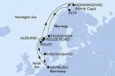 Hamburg,Alesund,Honningsvag,Alta,Trondheim,Molde Fjord,Maloy,Kristiansand,Hamburg