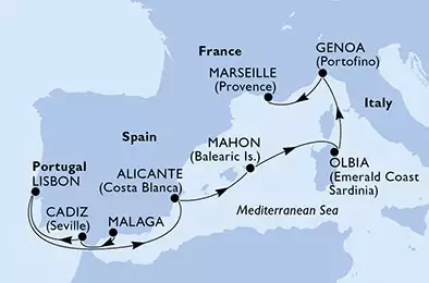 Malaga,Cadiz,Lisbon,Alicante,Mahon,Olbia,Genoa,Marseille
