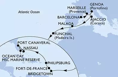 Barcelona,Marseille,Genoa,Ajaccio,Malaga,Funchal,Bridgetown,Fort de France,Philipsburg,Ocean Cay,Port Canaveral,Nassau,Ocean Cay,Port Canaveral
