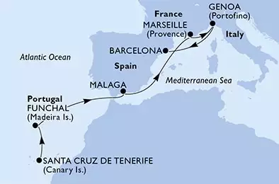 Santa Cruz de Tenerife,Funchal,Malaga,Marseille,Genoa,Barcelona