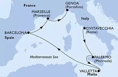 Civitavecchia,Palermo,Valletta,Barcelona,Marseille,Genoa