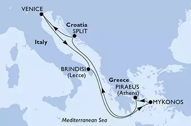MSC SINFONIA - itinerár  7 nocí odchod z Brindisi, Italy dňa 16/09/2024 - Brindisi,Mykonos,Piraeus,Split,Venice,Brindisi