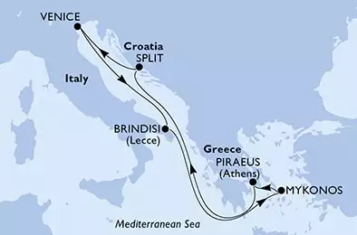 Piraeus,Split,Venice,Brindisi,Mykonos,Piraeus