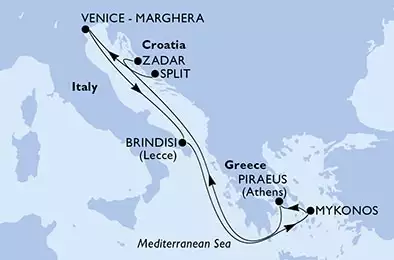 Split,Venice,Brindisi,Mykonos,Piraeus,Zadar