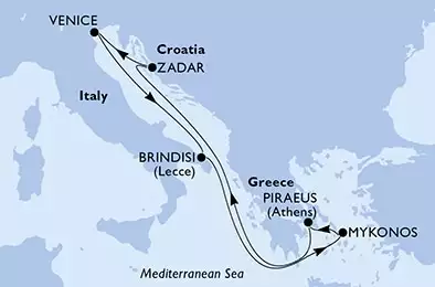 Piraeus,Zadar,Venice,Brindisi,Mykonos,Piraeus