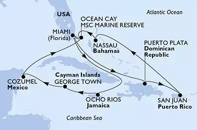 Miami,Ocho Rios,George Town,Cozumel,Ocean Cay,Miami,Puerto Plata,San Juan,Nassau,Ocean Cay,Miami