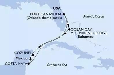 MSC SEASHORE - itinerár  7 nocí odchod z Port Canaveral, United States dňa 15/09/2024 - Port Canaveral,Ocean Cay,Costa Maya,Cozumel,Port Canaveral